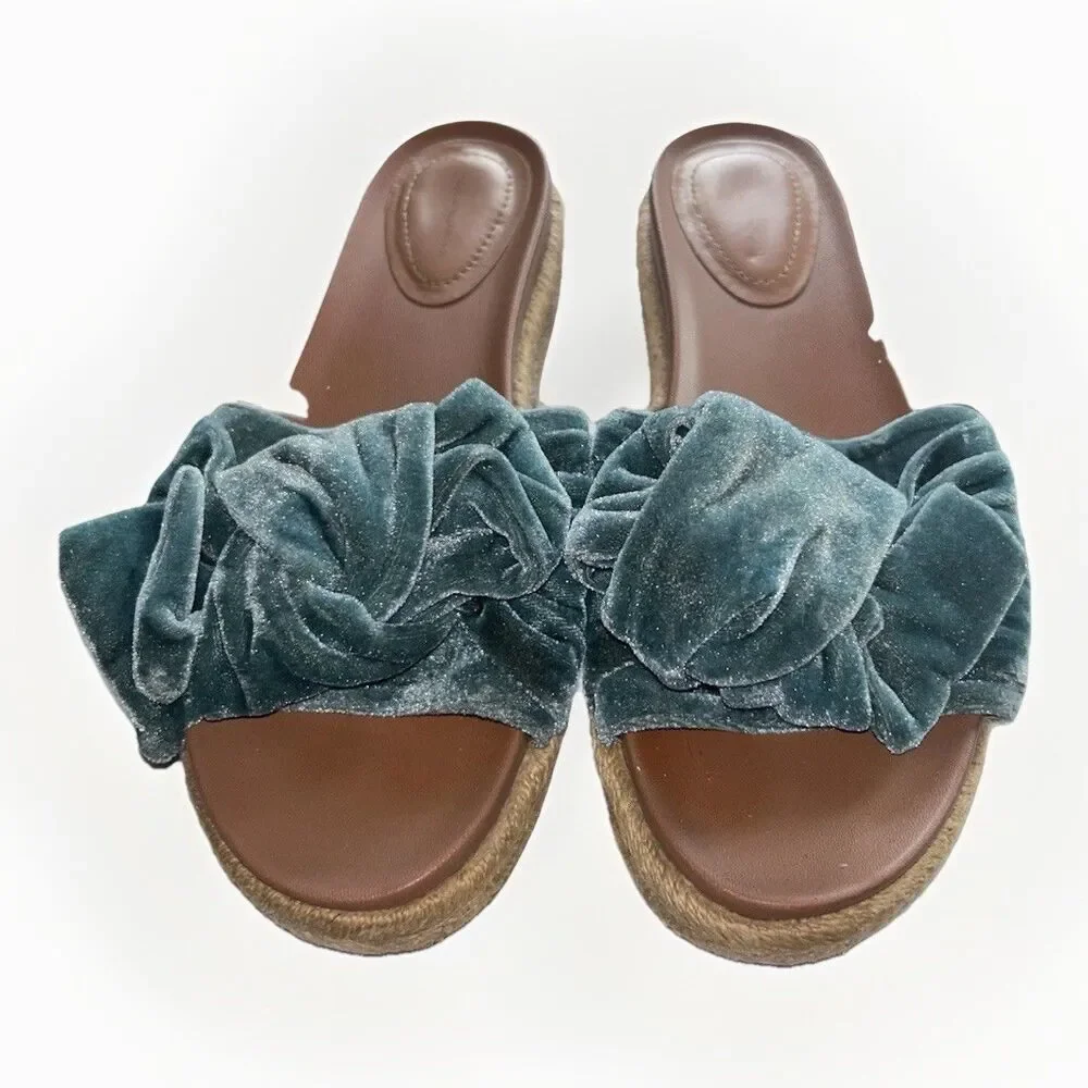 Zara Velvet Bow Sandals Slides Espadrilles 39 Blue Teal ‎ Open Toe Boho Classic